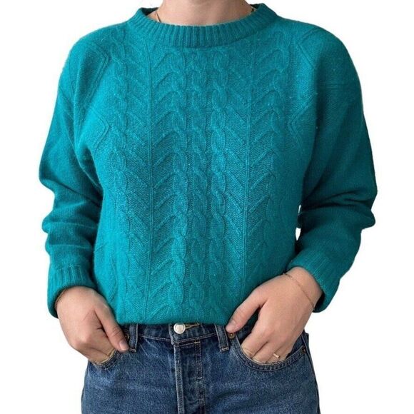 Vintage 1980s Teal Blue Angora Lambswool Chunky Cable Knit Sweater Sz M - Picture 8 of 8